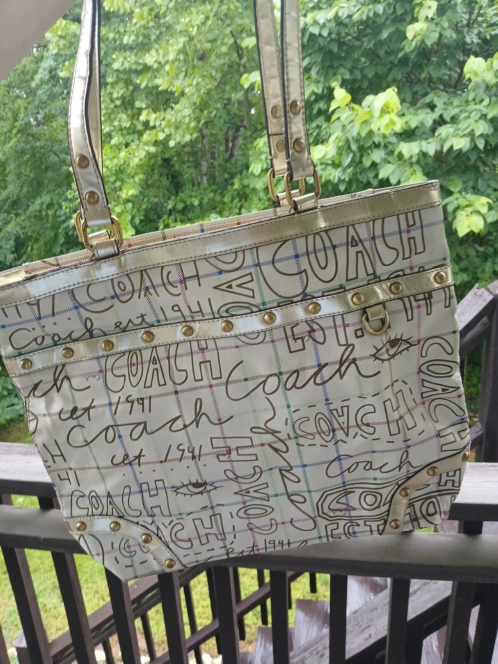 Coach Multicolor Script Signature Tote with Gold Accents
